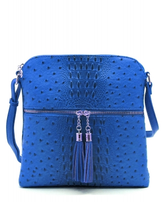 Ostrich Croc Zip Tassel Crossbody Bag OS062 ROYAL BLUE
